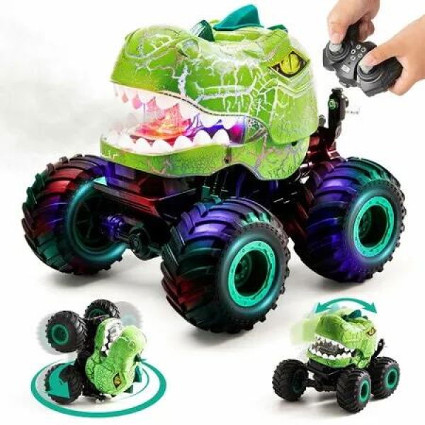 2.4GHz Monster Stunt Truck Toys with Spray,Light Dinos Remote Control Car 360 Degree Rotating RC Cars All Terrain for Boys Ages 4+