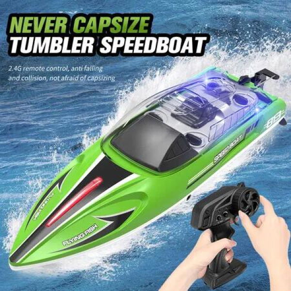 2.4GHz Racing Boat with LED Lights for Seas, Pools & Lakes, Speed Boat Toy for Boys & Girls (Green)