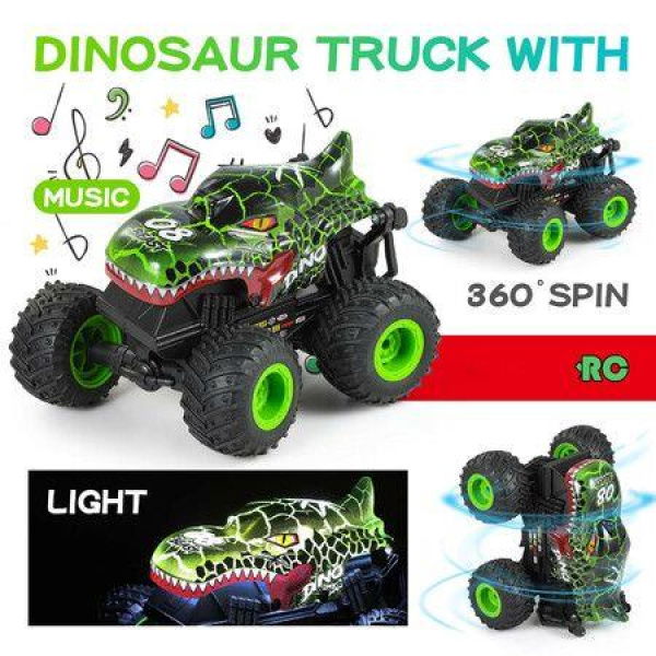 2.4Ghz RC Monster Trucks Dinosaur Remote Control Stunt Car with Light & Music 360Â°Spin Walk Upright& Drift for Boys Ages 8+(Green)