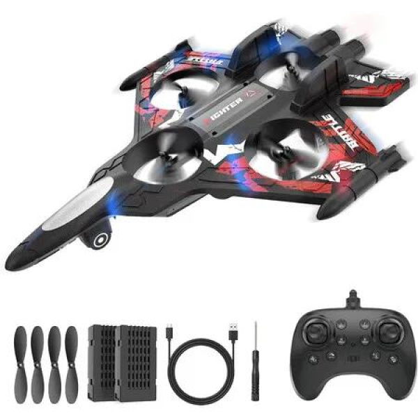 2.4GHZ RC Plane, Remote Control Airplane, RC Helicopter 360 Degree Flip Fighter Jet Toy with Colorful LED Lights (Red)