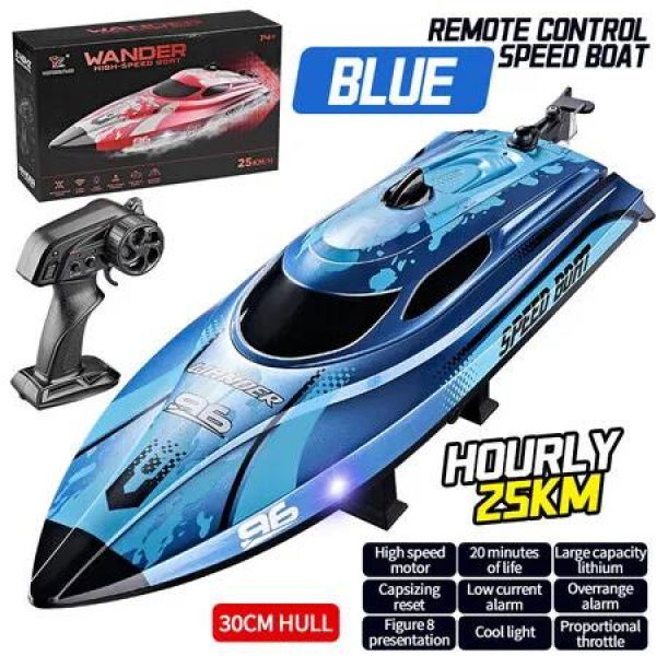 2.4GHz Remote Control Boat, 25KM/H High Speed Racing Jet Boats Gift Toy with LED Light for Pools Lakes River (Blue)