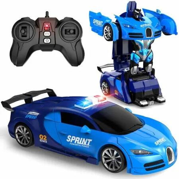 2.4GHZ Remote Control Car One-Click Becoming Robot Transforming Toys Car Smooth Deformation Demo Mode 360 Degree Rotation-Blue