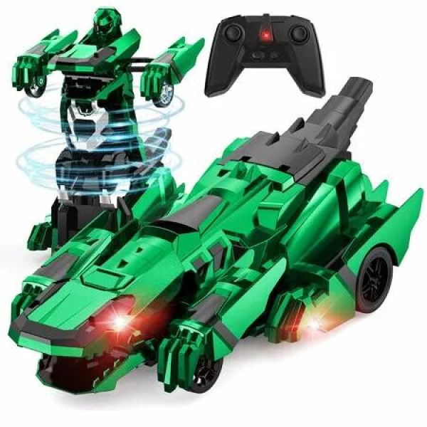 2.4Ghz Remote Control Car Transforming Robot with Flashing Light, 360 Degree Rotation One Button Deformation Car Toy Gifts for Boys Ages 4+(Green)