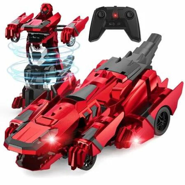 2.4Ghz Remote Control Car Transforming Robot with Flashing Light, 360 Degree Rotation One Button Deformation Car Toy Gifts for Boys Ages 4+(Red)
