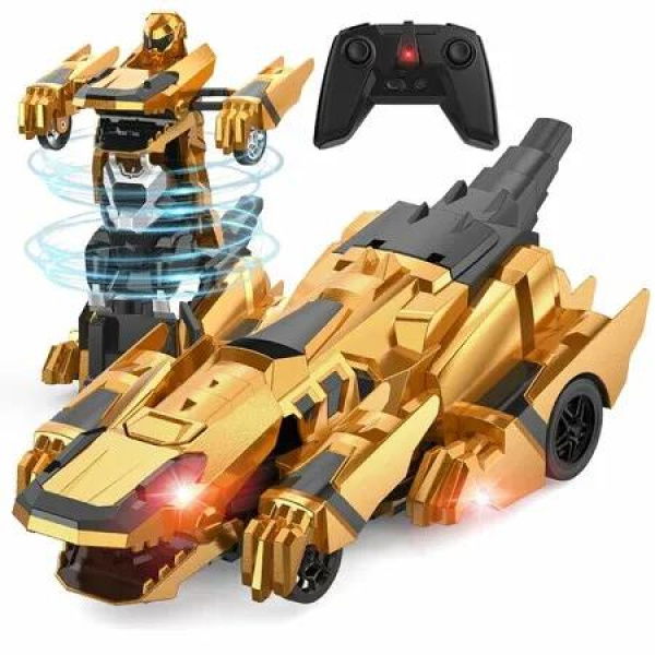 2.4Ghz Remote Control Car Transforming Robot with Flashing Light, 360 Degree Rotation One Button Deformation Car Toy Gifts for Boys Ages 4+(Yellow)