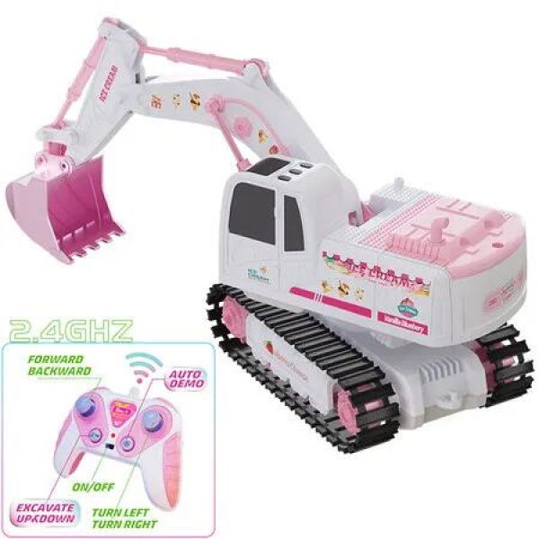 2.4GHz Remote Control Excavator Construction Truck 1/24 Scale 6 Channels RC Truck Pink Alloy Excavator with Music Light