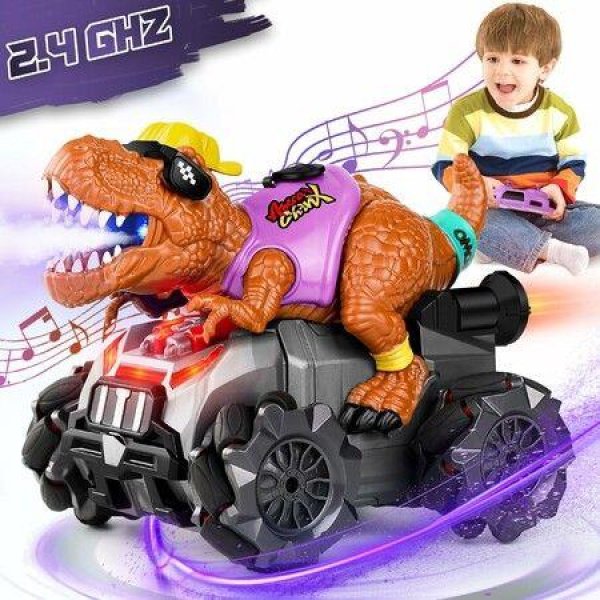 2.4Ghz Remote Control Hip-Hop Dinosaur Car Toys 360Â° Rotating RC Dino Truck Toys with LED Light Music & Spray for Kids Ages 3+