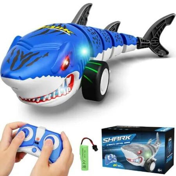 2.4GHZ Remote Control RC Shark Cars with LED Light Rechargeable RC Robot Toy for Kids 360 Degree Rotating Swinging Tail