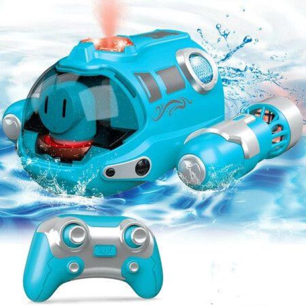 2.4GHz Remote Control Spray Gasboat Toys for Pools and Lakes with Light Double Propellers Rechargeable Swimming Pool Toy for Kids (Blue)