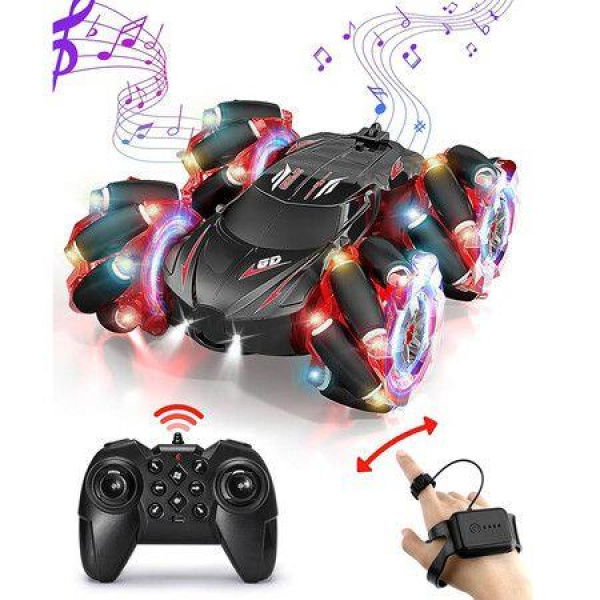 2.4GHz Remote Control Stunt Car, 4WD Gesture Sensing with Cool Light and Music, Double Sided RC Cars with 360Â° Flip for Kids Ages 6-12 Years, Gifts Birthday Toy Cars (Red)