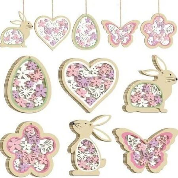 24p 2D Flat Wooden Easter Hanging Decorations Set Rabbit Easter Ornaments Spring Party Wreath Home Decor