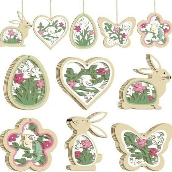 24p 2D Flat Wooden Easter Hanging Decorations Set Rabbit Easter Ornaments Spring Party Wreath Home Decor