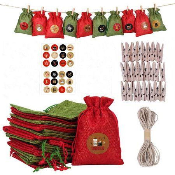 24 Pcs 10*14 Cm Christmas Advent Calendar Sack Gift Bags For Christmas Countdown Christmas Advent Calendar Bags Set.