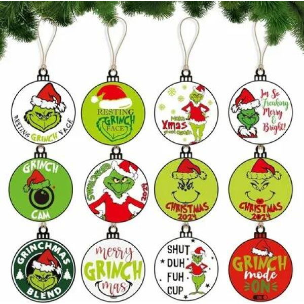 24pcs Christmas Grinch Wooden Ornaments Hanging Christmas Wood Decors Sign Pendants With Rope For Christmas Tree Home Decor