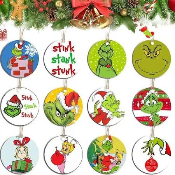 24pcs Christmas Grinch Wooden Ornaments Hanging Christmas Wood Decors Sign Pendants With Rope For Christmas Tree Home Decor