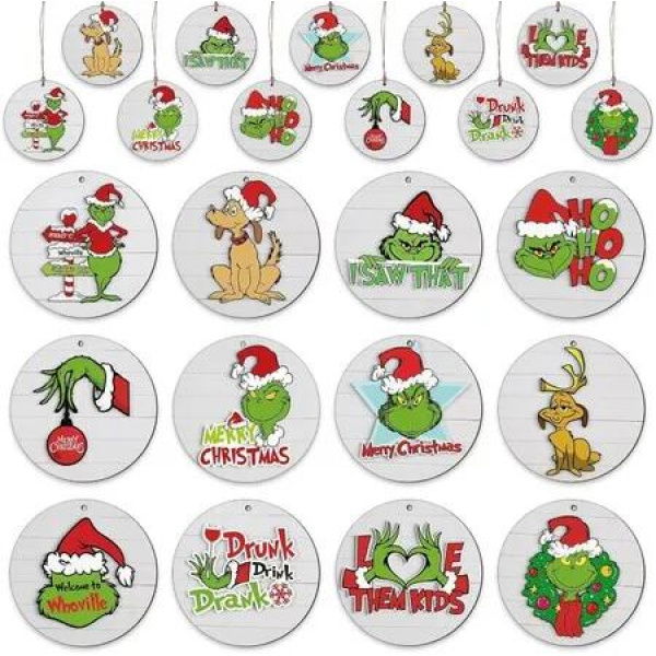 24pcs Christmas Grinch Wooden Ornaments Hanging Christmas Wood Decors Sign Pendants With Rope For Christmas Tree Home Decor