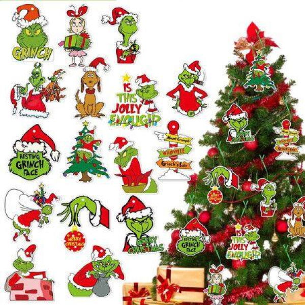 24PCS Christmas Tree Hanging Ornaments Furry Green Grinchmas Christmas Decorations Charms for Xmas Holiday Party Home House Indoor Decor