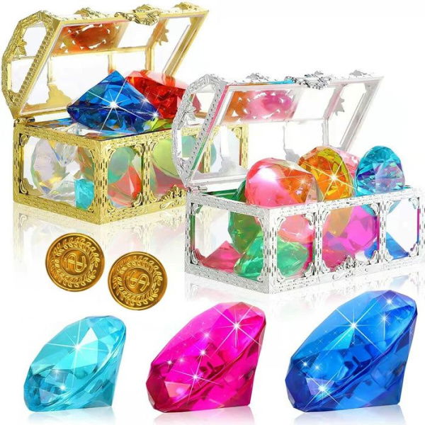 24Pcs Diving Gem Pool Toys Swimming Diving Toys With 2 Treasure Pirate Boxes Colorful Diamonds Set For Birthday Swimming Party Wedding Decoration