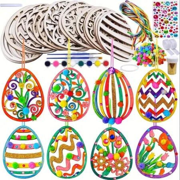 24pcs DIY Wooden Easter Egg Craft Kit Paint Your Own Colorful Egg Ornaments with Floral and Zigzag Patterns For Easter Activities and Home Crafting