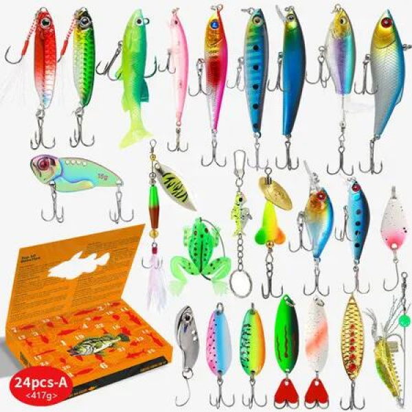 24PCS Fishing Advent Calendar Fishing Lure Kit Soft And Hard Bait Set Gear Lure Metal Jig Spoon For Bass Pike Crank Tackle Accessories