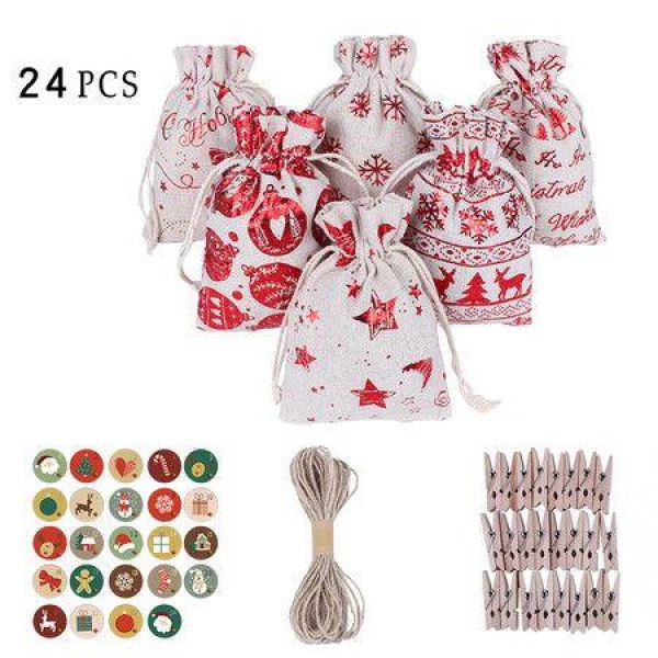 24 Pcs/Set Cotton Linen Storage Bag Merry Christmas New Year Birthday Wedding Gift Bag Decor With Lanyard Clip.