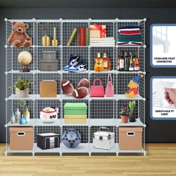 25 Cubes Grid Wire Storage Shelf Cabinet DIY Metal Modular Organizer Rack White