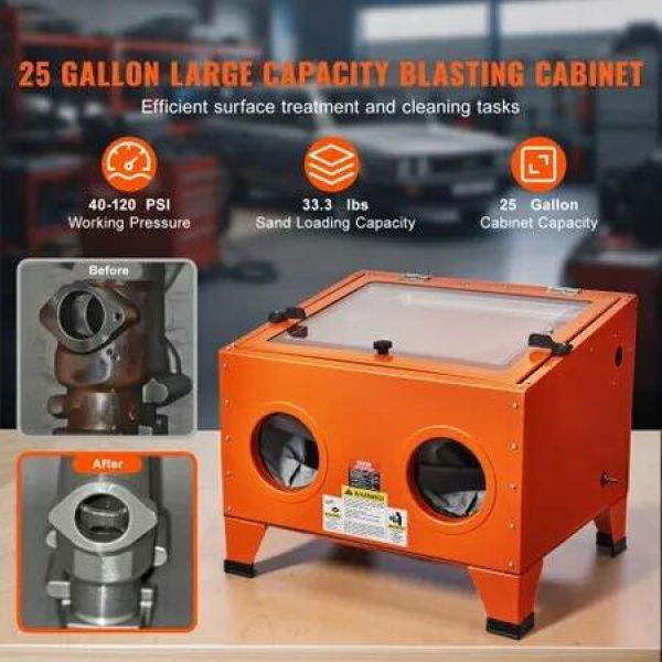 25 Gallon Sandblasting Cabinet, 40-120PSI Portable Benchtop Sand Blasting Cabinet, Heavy Duty Steel Sand Blaster with Blasting Gun & 4 Ceramic Nozzles for Paint, Stain, Rust Removal