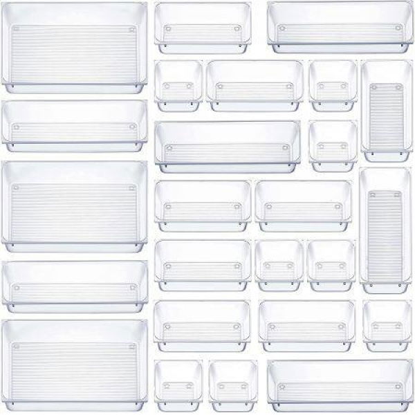 25 PCS Clear Plastic Drawer Organizers Set4-Size Versatile Bathroom And Vanity Drawer Organizer Trays Storage Bins For Makeup Jewelries Kitchen Utensils And Office