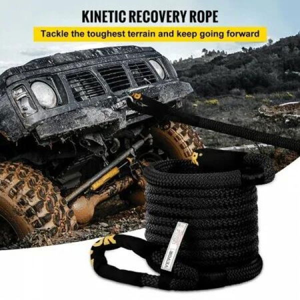 25.5mm x 9.6m Kinetic Recovery Tow Rope, 15.2 t, Heavy Duty Double Braided Kinetic Energy Rope with Loops and Protective Sleeves, for Truck Off-Road Vehicle ATV UTV, Carry Bag Included, Black