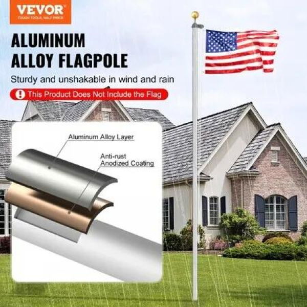 25FT Detachable Flagpole Kit Heavy Duty Aluminum Flag Pole Silver