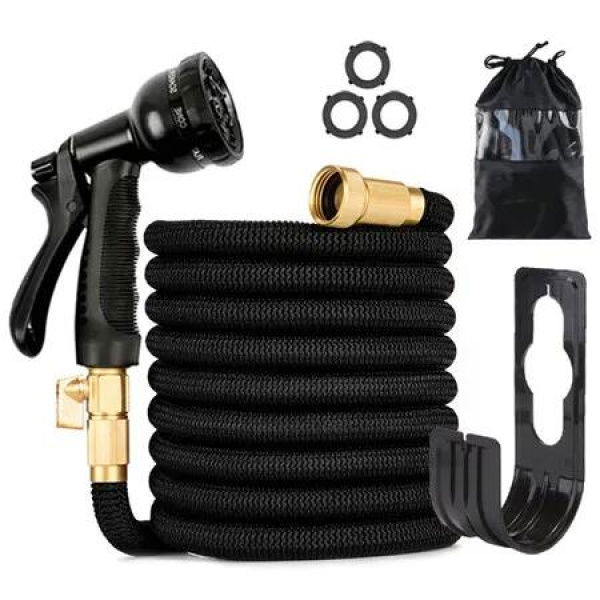 25ft Expandable Garden Hose with Multi-Function Nozzle, Leak-Proof Nano Rubber Latex Construction, and Durable Brass Connectors