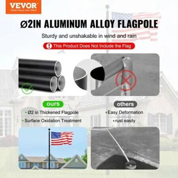 25FT Telescopic Flagpole Kit Heavy Duty Aluminum Alloy Flag Pole Kit in Ground for Outside 3 Display Modes Flagpole with Professional Accessories Black