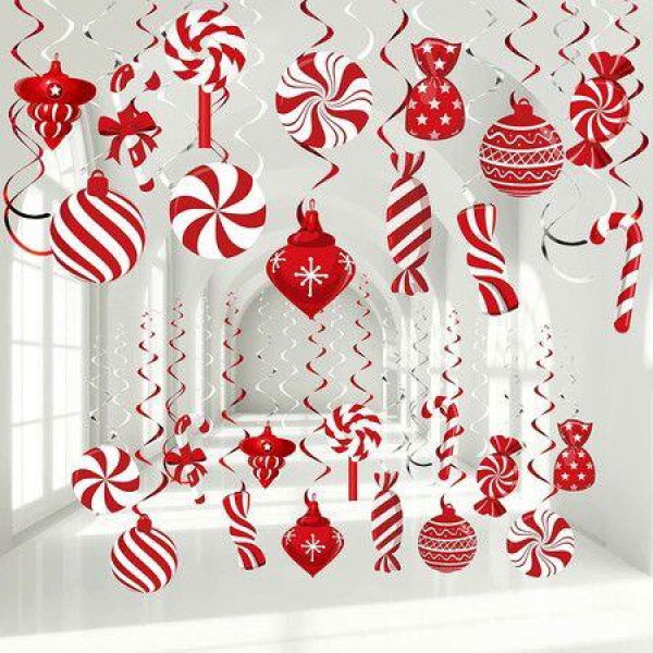 26 Pcs Christmas Candy Hanging Ornaments, Christmas Tree Decorations, Red and White Christmas Hanging Ornaments, Plastic Ornaments for Christmas Party Decoration