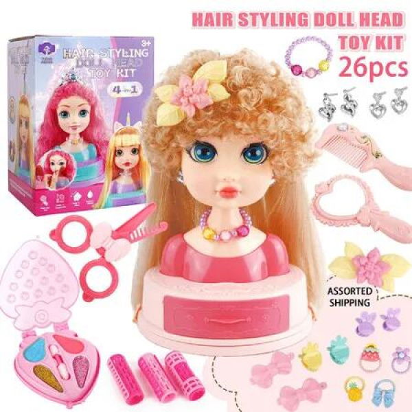 26 PCS Dolls Makeup Head Playset Toy Set Beauty Mannequin Head Easy to Maintain Pretend Play Kids Toys Hair Styling Doll Glam Lab for Little Artists