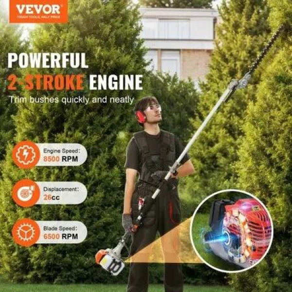 26CC 6-in-1 Multi-Functional Trimming Tools, Gas Hedge Trimmer, Weed Eater, String Trimmer, Brush Cutter, Edger, Pole Saw Chainsaw Pruner with Extension Pole