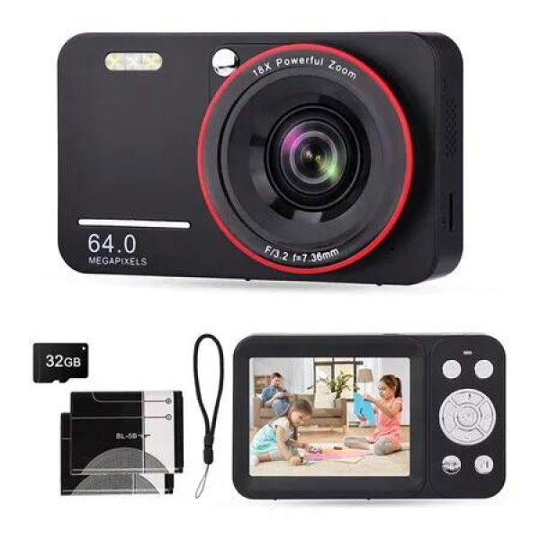 2.7K Digital Camera 64MP Point and Shoot Digital Cameras with 18X Zoom, Autofocus Vlogging Camera for Travel Photo Camera for Kids Beginners (Black)
