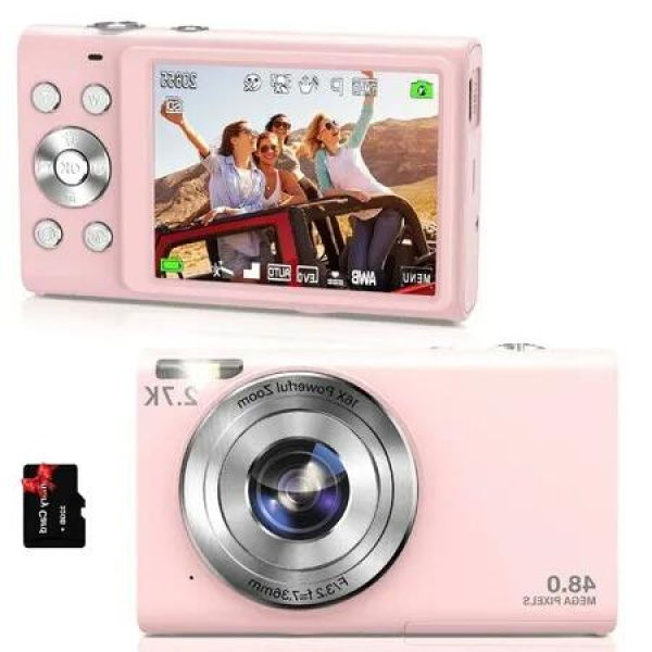 2.7K Vlogging Digital Camera with Auto Focus: HD 48MP, 16X Zoom, 32GB Card, Perfect for YouTube, Kids, Teens, and Beginners (Pink)