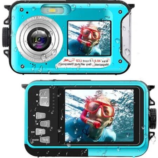 2.7K Waterproof Underwater Digital Camera with 48MP high-resolution for capturing every detail,Dual screens Flashlight for Snorkeling (Blue)