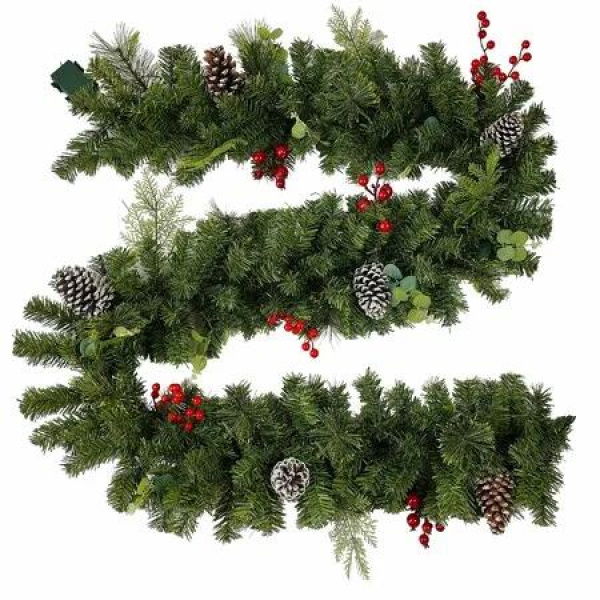 2.7M Christmas Garland with Pine Cones and Red Berries, Artificial Christmas Greenery for Staircase Doorway Indoor Outdoor Decorations
