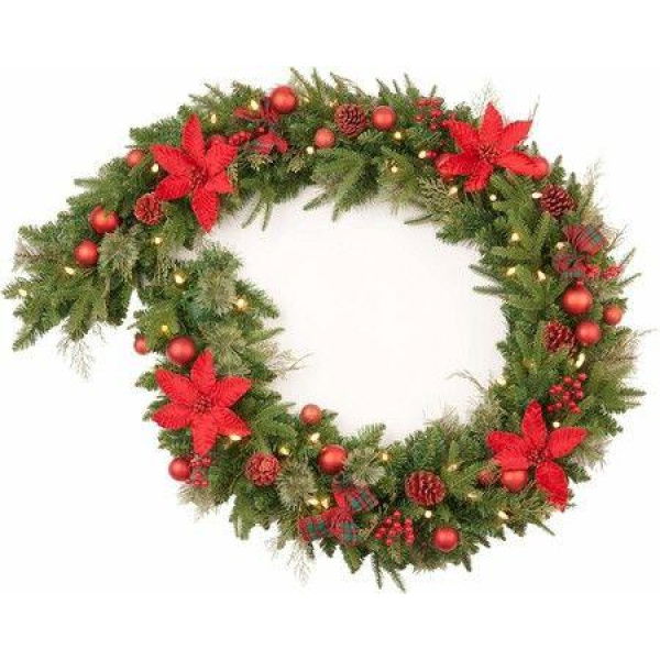 2.7M Red Poinsettias Pre-lit Christmas Garland 50 LED Lights Battery Operated,Holiday Decoration Fireplace Stairs Mantle Door Indoor Outdoor