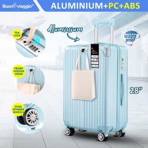 28 Inch Carry On Luggage Travel Suitcase Lightweight Hard Bag Cabin Rolling Trolley Checked TSA Lock Front Hook Pale Blue