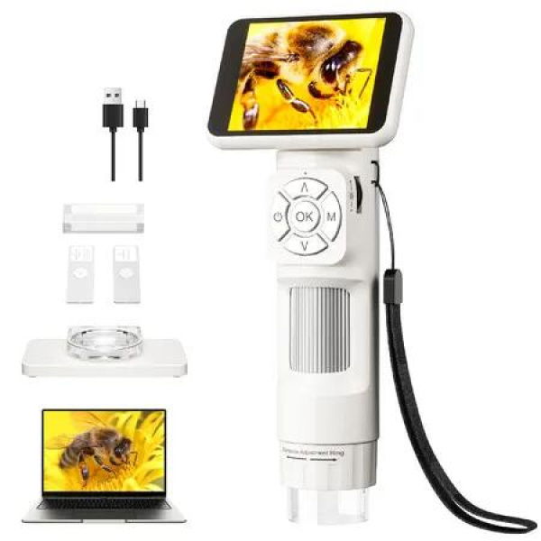 2.8 IPS Handheld Digital Microscope Anti-Shake Portable Pocket Microscopes Camera 1080P USB Coin Magnifier with Light Educational Science Kit-White