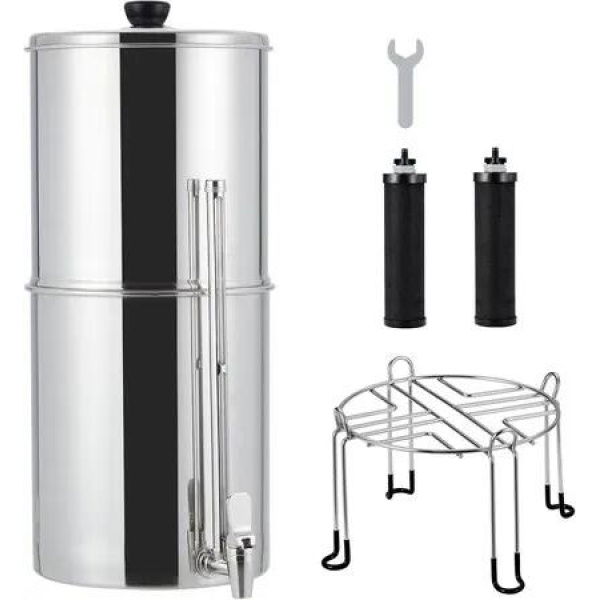 2.9 Gallon Gravity-fed Water Filter System, Stainless Steel Countertop Filter System with 2 Filters and Stand, Reduce 99% Chlorine