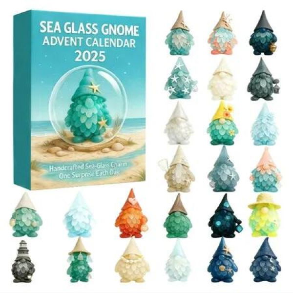 2D Acrylic Advent Calendar 2025, 24 Days Sea Glass Gnome Christmas Tree Countdown Calendar, Natural Ocean Themed Christmas Ornaments Decor for Home