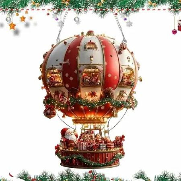 2D Acrylic Ornament Santa Hot Air Balloon Flat Acrylic Pendant, Easy Hanging for Garden Yard Living Room (1 Pack)