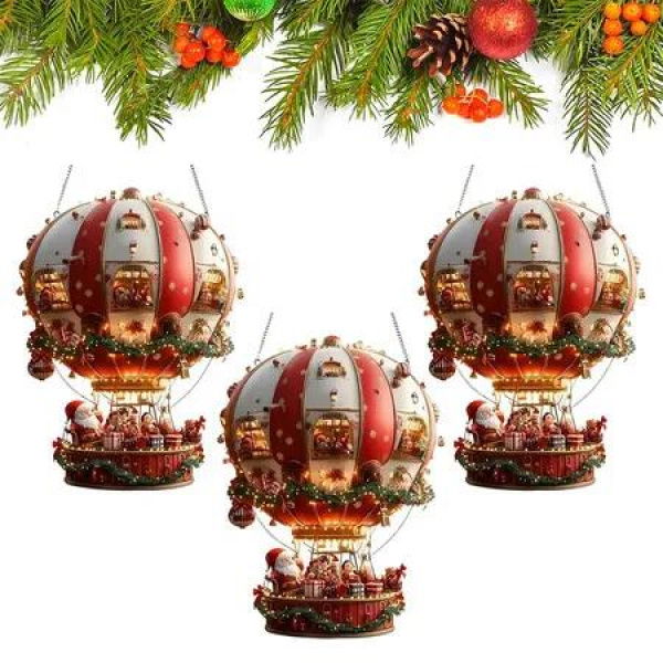 2D Acrylic Ornament Santa Hot Air Balloon Flat Acrylic Pendant, Easy Hanging for Garden Yard Living Room (3 Pack)