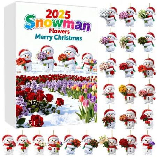 2D Acrylic Snowman Flower Advent Calendar 2025, Unique Merry Christmas Countdown with Surprise Floral Ornaments for Holiday Home Decor