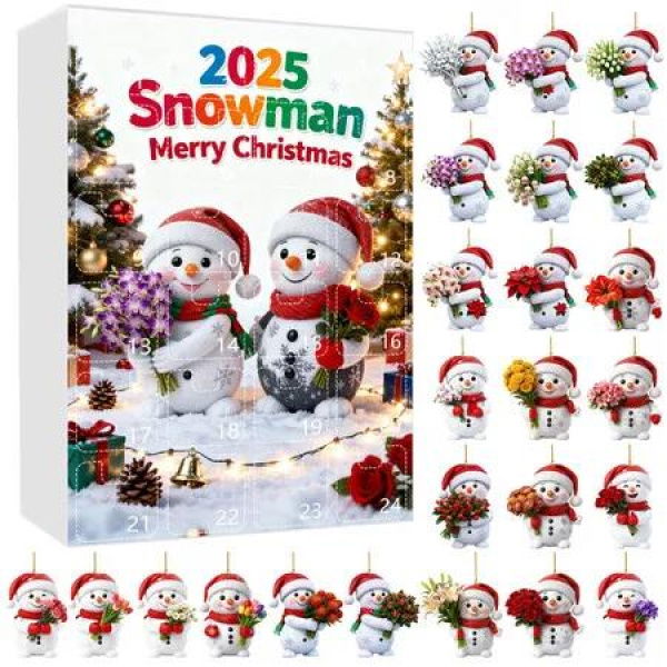 2D Acrylic Snowman Flower Advent Calendar 2025, Unique Merry Christmas Countdown with Surprise Floral Ornaments for Holiday Home Decor