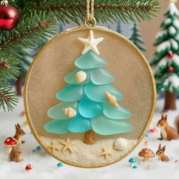 2D Flat Acrylic Pendant, Sea Glass Christmas Tree Hanging Decorations, Xmas Pendants Decor with Rope for Sea Lovers