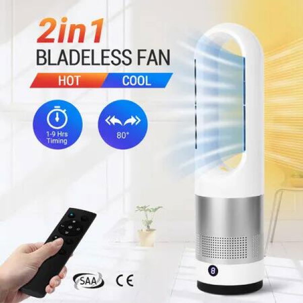 2in1 Bladeless Fan Heater Electric Oscillation Space Tower Cool Air Hot Remote Control Timer Home Office Bedroom Floor